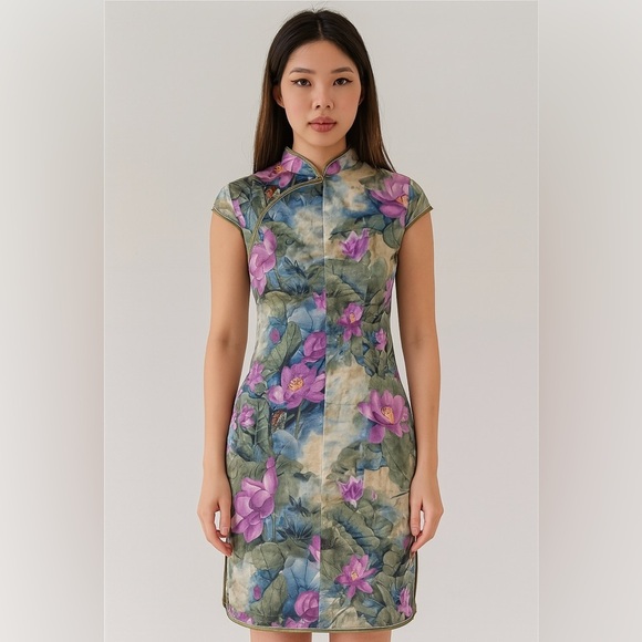 EUC Traditional Chinese Dress Mini Green with Embroidered Purple Flowers Small - Picture 1 of 9